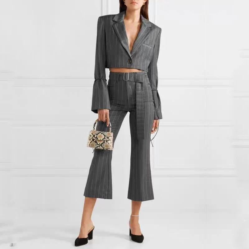 

Autumn Arrival Striped Blazer 2 Piece Sets Deep V-Neck Long Sleeve Sexy Short Blazers 2 Piece Suit High Waist Pants with Sashes
