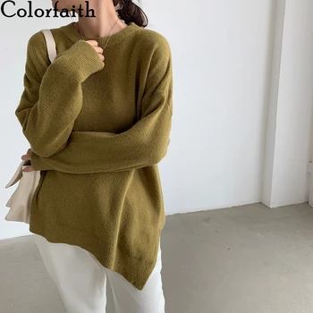 

Colorfaith New 2019 Autumn Winter Women's Sweater Loose Casual Fashionable Minimalist Korean Style Knitted Irregular Tops SW7516