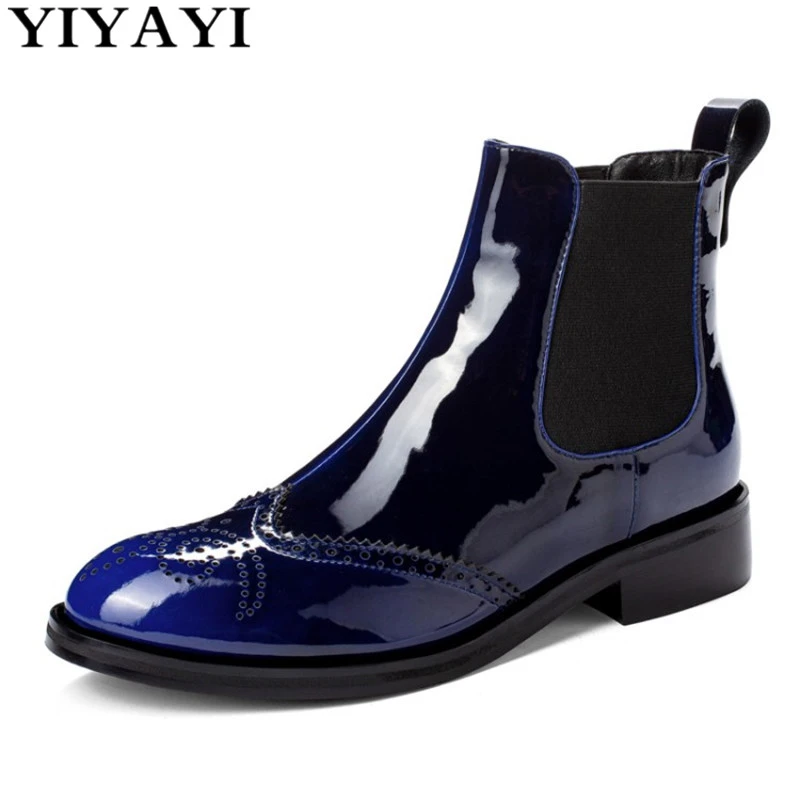 Botas de charol de moda Mujer planos de punta redonda para Mujer primavera otoño gótico Cool botines cortos azules Mujer| | - AliExpress