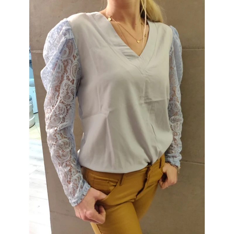 blusas elegantes das mulheres rendas blusas femininas chiques moda coreana sólida mulher camisa com decote em feminina topo blusa túnica nova