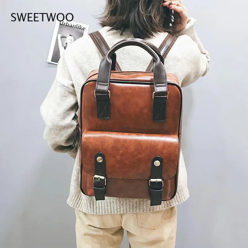 Women Anti Theft Backpacks Students Brown School Bags for Teenage Girls Waterproof Vintage Laptop Leather Big Travel Backpack 2