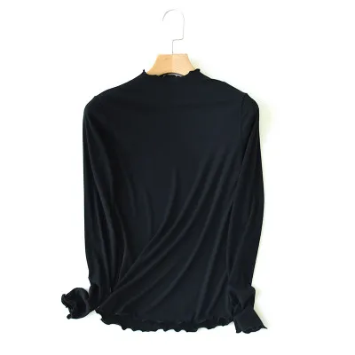Черный Новинка, длинный рукав, тонкая водолазка, топы для женщин, Осень-зима, однотонный эластичный облегающий базовый топ, женские тонкие повседневные футболки - Цвет: Черный