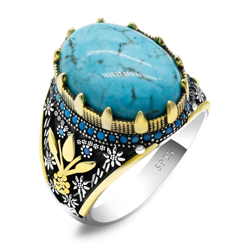 

Vintage Boho Natural Turquoise Stone Ring Fashion 925 Sterling Silver Antique Big Oval Carved Flower Rings AAA Stone Party Gifts