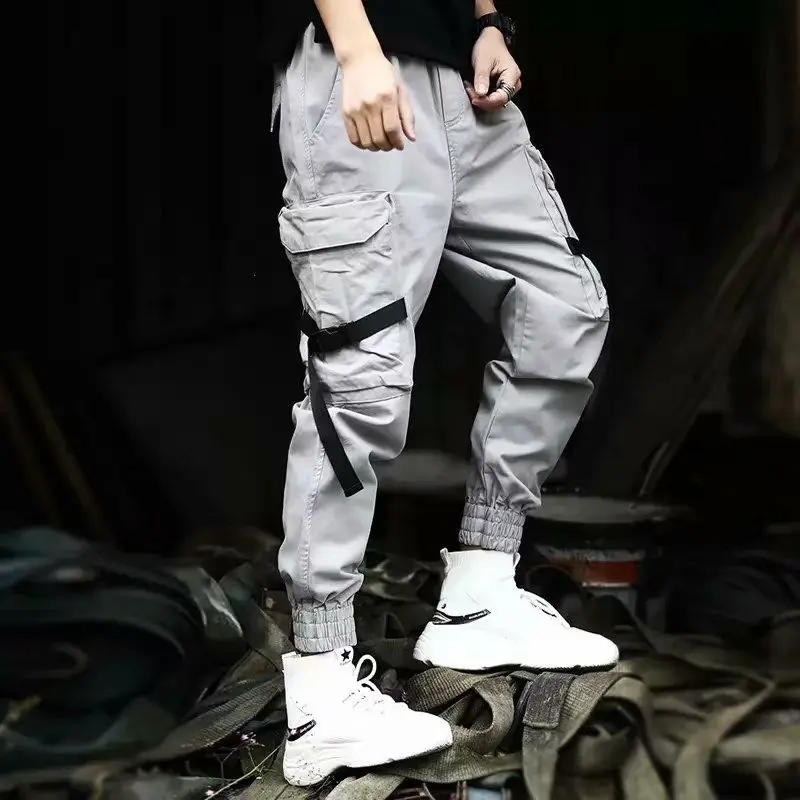 Уличная Повседневная тонкая мужская брюки M-3XL весенние хип-хоп Джоггеры мужские черные шаровары многокарманные ленты мужские спортивные брюки