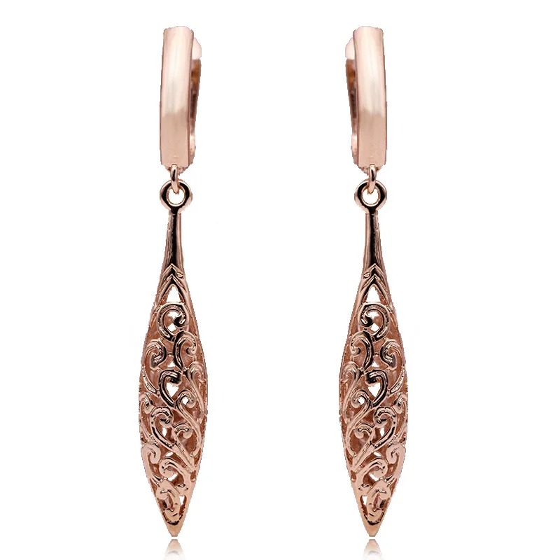 PATAYA New Unique Long Earrings Women Wedding Fine Cute Fashion Jewelry 585 Rose Gold Hollow Carving Vintage Tip Dangle Earrings