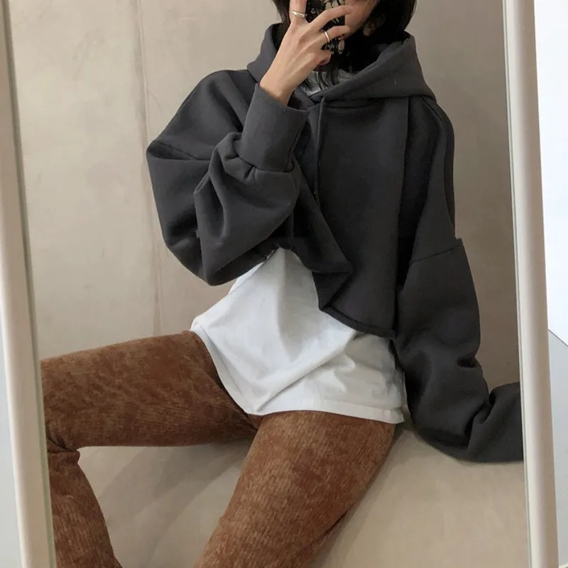 gray Sweatshirt RICININA толстовки женские свитшоты с длинным рукавом сплошная шикарная Повседневная Женская Толстовка Короткие свободные пуловеры женские весна - Цвет: gray Sweatshirt