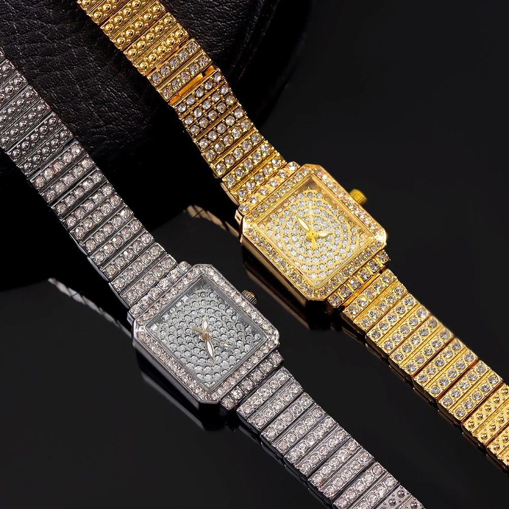 Iced Out Rose Gold Silver Color Watch Women's Luxury Rhinestone Cuban Chain Bracelet Watches Fashion Wrist Watch Hip Hop Jewelry
