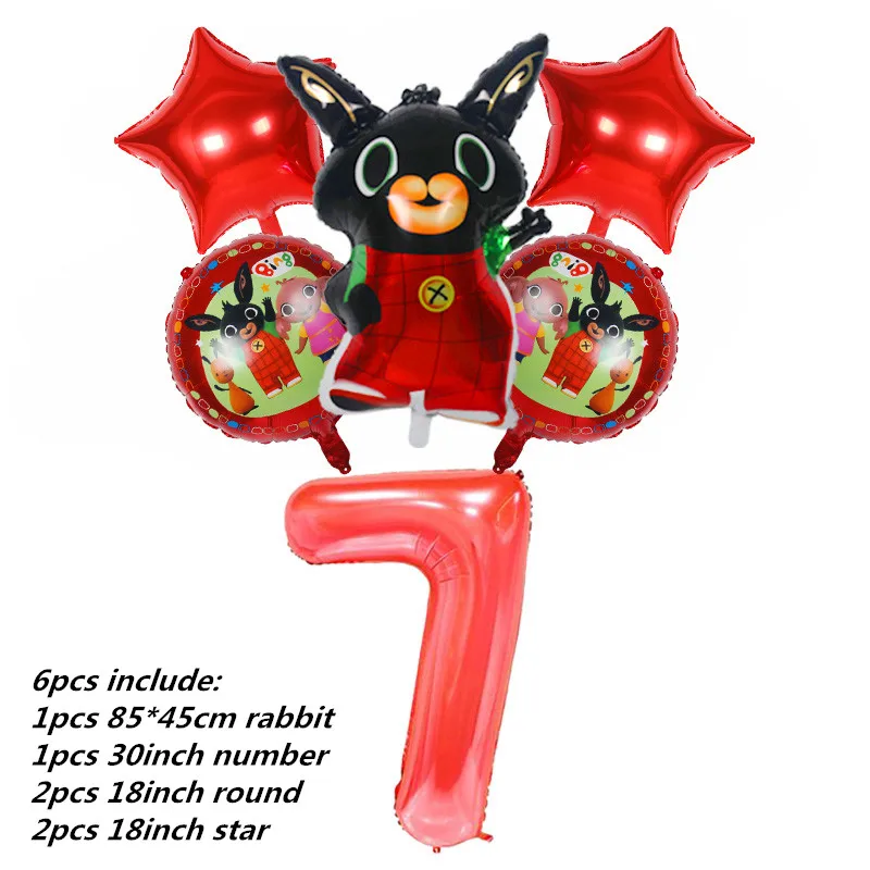 6 шт. 85*45 см Bing Bunny воздушные шары из фольги с мультяшным кроликом шары с цифрами 32 дюйма для детей 1, 2, 3, 4, 5 дней рождения декоративные принадлежности игрушки - Цвет: Red Number 7 set