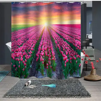 

Tulip Shower Curtain Flower Sea Bathroom Shower Curtain Set with Hooks for Home Decoration - Polyester Water Resistant 72-Inch