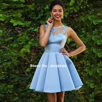 

SATONOAKI Light Blue Short Prom Dresses Sleeveless 2019 Lace Applique Ruffle Knee Length Cocktail Party Gowns Sweet Dresses