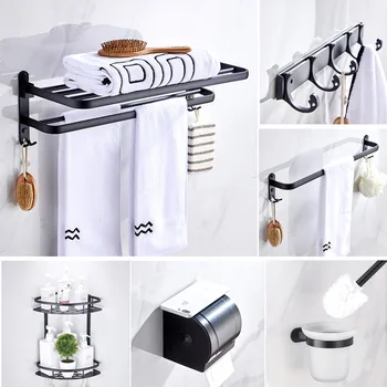 

Bathroom Hardware Solid Space Aluminum Round Wall Mounted Bathroom Accessories Kit 12" Hand Towel Bar Matte Black paper holder