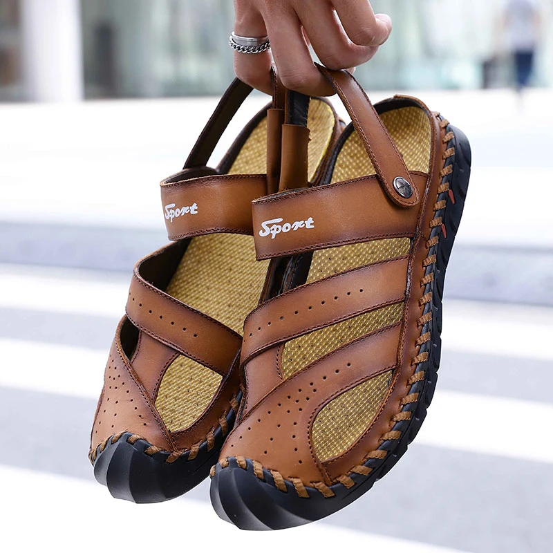 QZHSMY Classic Soft Men Sandals Comfortable Summer Black Men Shoes Leather Sandals Big Size New High Quality Loafers Safety Shoe