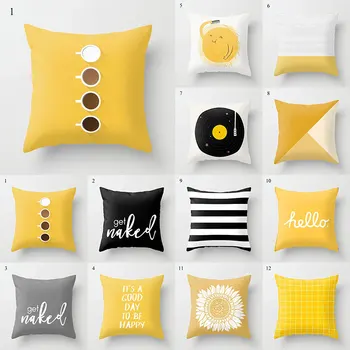 

45x45cm Yellow Cushion Cover Plaid Flower Letters Print Sofa Pillow Cases Car Office Decorative Accessories Bedroom Home Decor