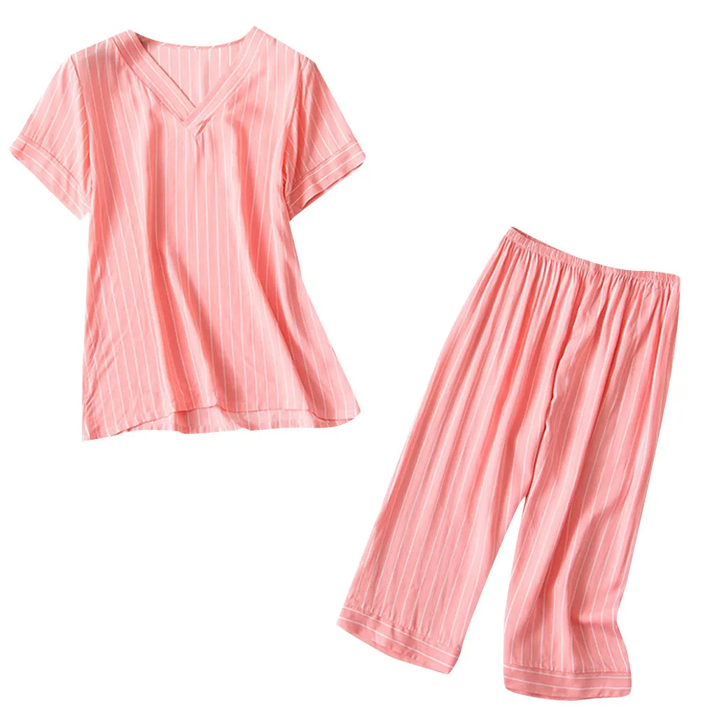 Женские пижамы с коротким рукавом, укороченные брюки, пижамный комплект, v-образный вырез, повседневная, большой размер, свободная, тонкая, домашняя одежда, одноцветная, Nuisette# T2G