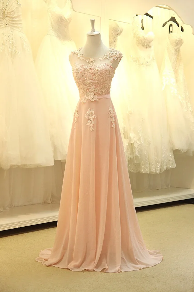 

2019 Real Sample Scoop With Cap Sleeve Lace Peach Long Elegant Chiffon Prom Dresses Evening Gown vestidos de gala prom dress