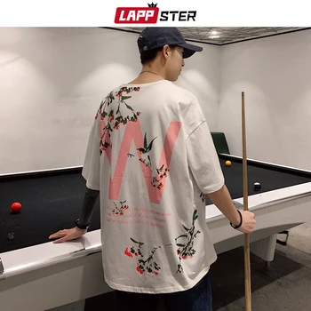 

LAPPSTER Men Cherry Blossoms Print Tees 2020 Summer Tshirts Mens Harajuku T Shirts Male Oversized Blakc Korean Clothes 5XL