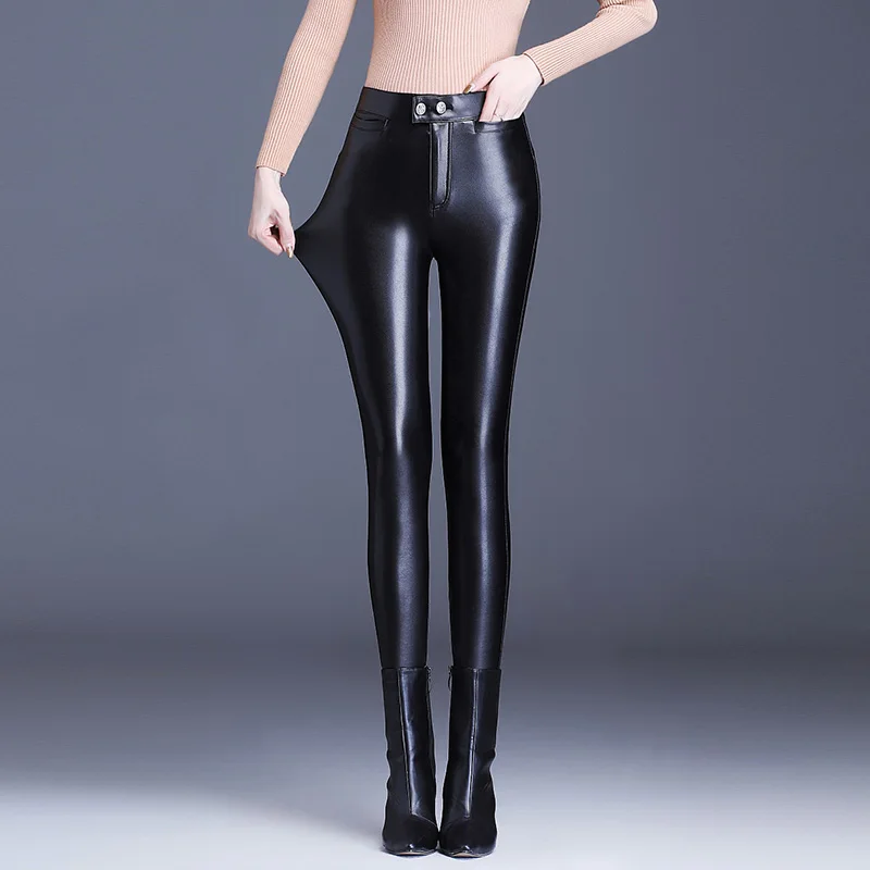 Women Faux Leather Leggings High Waist Stretch Pants waterproof PU  Elasticity long pants ladies artificial leather elastic waist - AliExpress