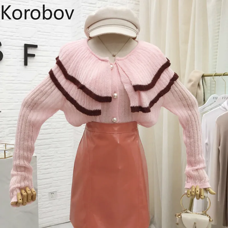 Korobov корейский отложной воротник однобортный женский кардиган элегантный пэчворк сладкий женский свитер Осень Тонкий Топ 79098