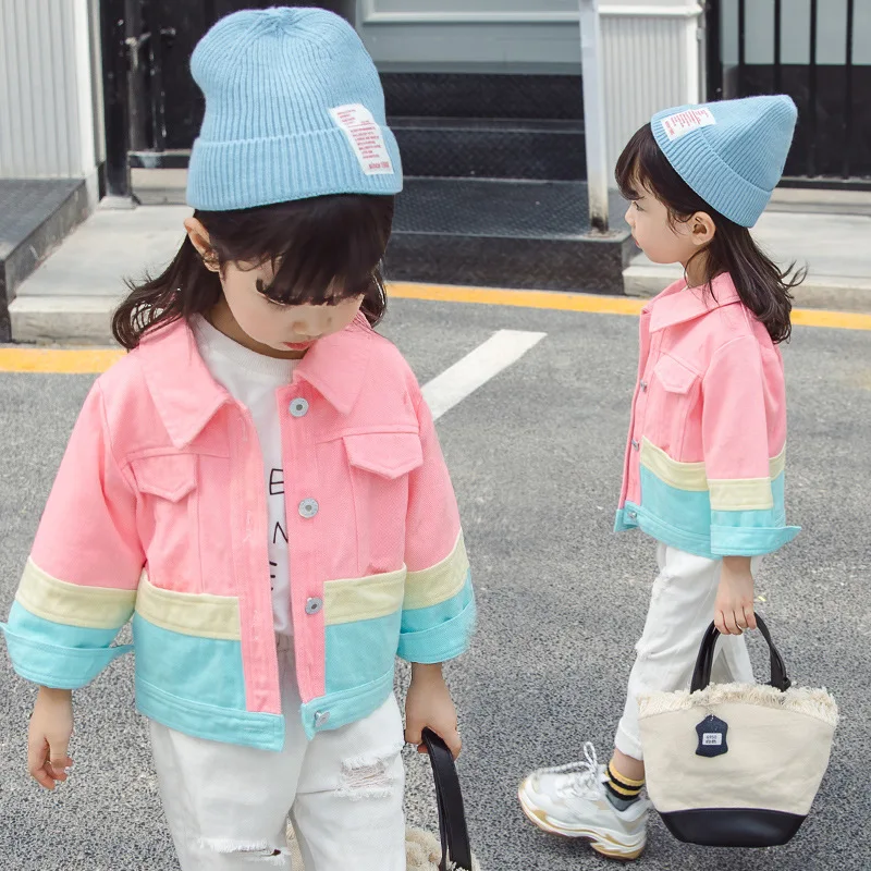 

1-5-Year-Old Spring And Autumn New Style Korean-style Contrast Color Joint Jeans Coat Baby Girls Fashion Child Casual Cute Long