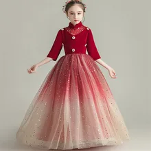 Осенне-зимнее роскошное Новое Детское Элегантное Длинное платье принцессы на день рождения, свадьбу, вечеринку детское фортепиано, платье, одежда