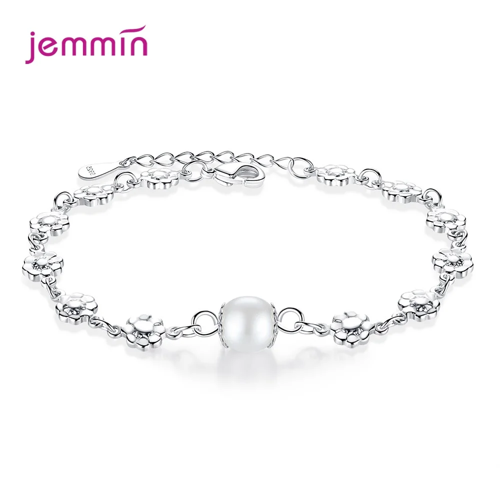 Elegant 925 Sterling Silver Pearl Charm Link Bracelets For Women Plum Flower Cubic Zirconia Chain Bangle Jewelry | Украшения и