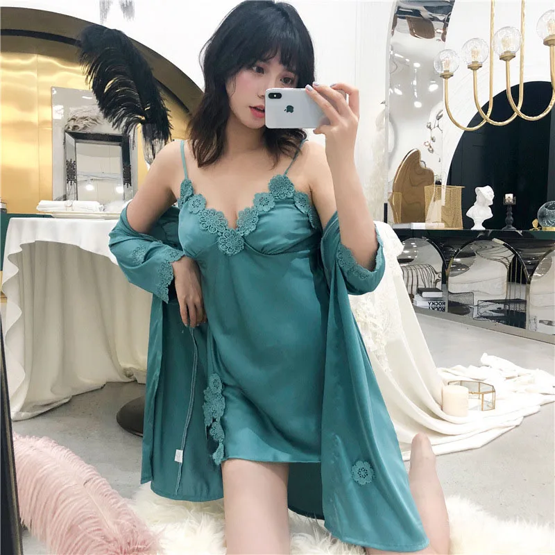 green 2 pcs Атласные шелковые женские пижамы, комплект из 4 предметов, кружевные пижамы, сексуальная пижама, Повседневная Домашняя одежда, осенняя одежда для сна, пижама с v-образным вырезом, домашний костюм - Цвет: green 2 pcs