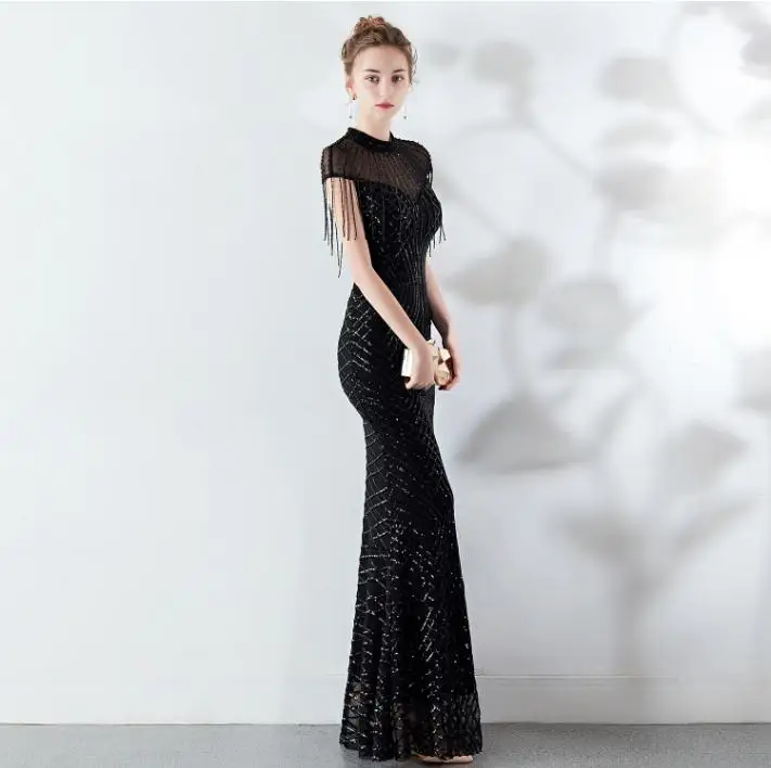 SVKSBEVS O Neck Sequined Gradient Color Mermaid Long Dresses Elegant Party Bodycon Crystal Chain Backless Maxi Dress