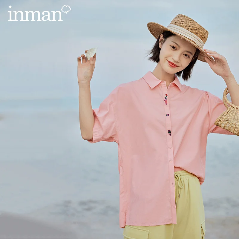 

INMAN 2020 Summer New Arrival Pure Cotton Funny Literary Embroidered Lapel Short Sleeve Blouse