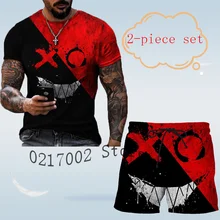 Men's grinning face 3D T-shirt + shorts 2-piece set, fashion printed T-shirt + shorts sportswear 2-piece set, men's sportswear