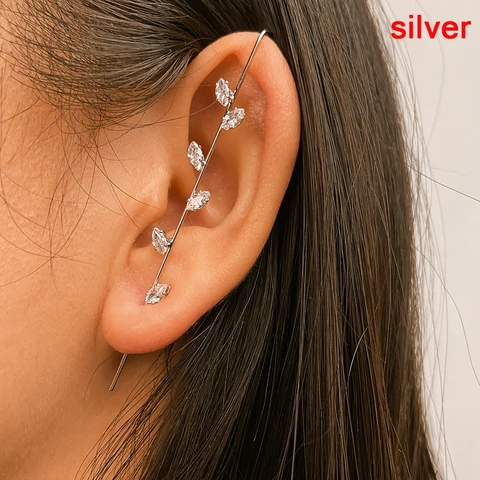 Ear Needle Wrap Crawler Hook Earrings for Women Surround Auricle Diagonal Stud Copper Inlaid Zircon Piercing Earrings /1 Pc