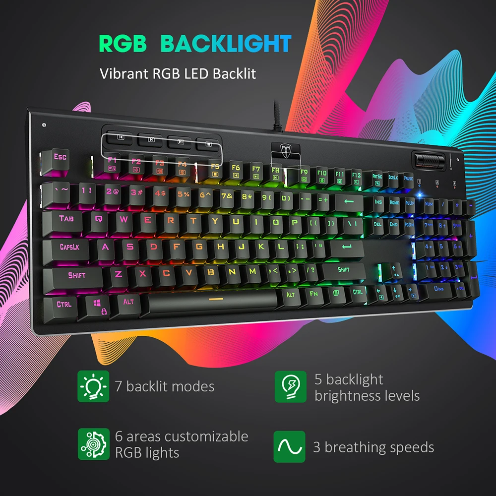 PICTEK Mechanical Keyboard Red Switch Gaming Keyboard With RGB Backlit 104 Keys 19 Key Anti-Ghosting Wired Keyboard For PC Gamer