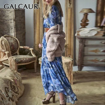 

GALCAUR Elegant Print Dress For Women Stand Collar Lantern Sleeve Lace Up Bowknot High Waist Casual Dresses Female 2020 Autumn