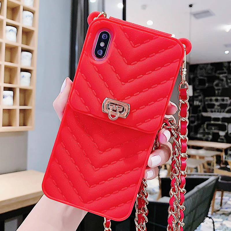 Модный Кроссбоди Чехол-бумажник для сотового телефона для iPhone XS MAX чехол XR X 8 7 6 Plus Мягкая силиконовая Сумочка Кошелек с длинной цепочкой