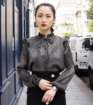 

Women Shirt 2019 Fall/Winter New Pleated Lotus Leaf Bow Tie Splicing Long Sleeve Shirt