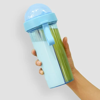 

420/600 ml Dual-use Water Bottle Portable Large Capacity Double Straw Drinking Glass Leakproof with Handle Double Cup tasse H99F