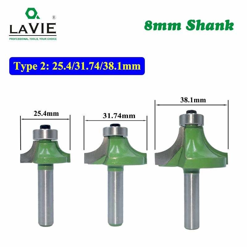 LAVIE 3pcs 8mm Corner Round Over Router Bit with Bearing 1/2 3/4 1 Milling Cutter for Wood Woodwork Tungsten Carbide MC02013