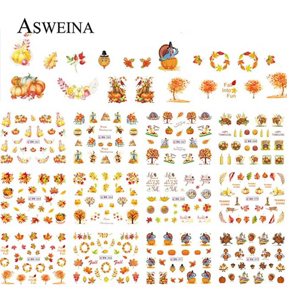 

Thanksgiving Day Nail Sticker 12 Designs Water Decal Mix Autumn Leaf Pumpkin Slider Manicure DIY Decoration Tips