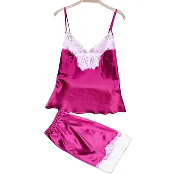 

Women Faux Silk Glitter Candy Color Lingerie Set Spaghetti Straps Camisole Tops Loose Shorts Scalloped Lace Nightwear Loungewear