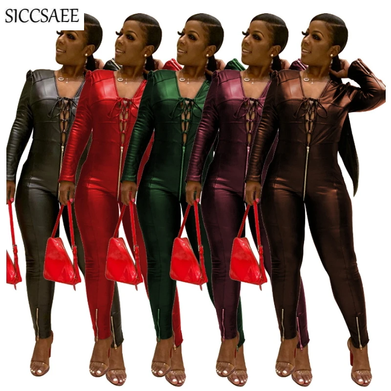 Сексуальный цельный комбинезон из искусственной кожи PU женский на молнии с