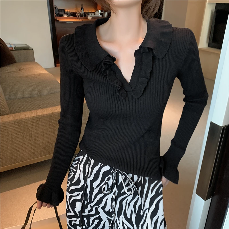 

2020 Chic Ruffles V-Neck Knit T-shirt Top Women Autumn Winter Long Sleeve Slim Tee Shirt Female Casual Warm Knitted Tops