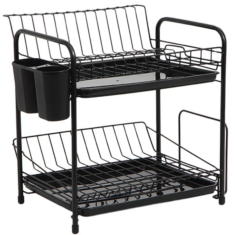 

ELEG-Dish Rack Set 2-Tier Kitchen Organizer Tools Plate Spoon Storage Frame Steel Drain Bowl Rack Kitchen Dish Shelf