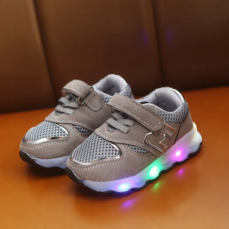 JUSTSL Spring Autumn New M Word LED Light-Up Child Shoes Boys Girls Fashion Sneakers Kids Net Toddler Toddler Shoes - Цвет: Серый