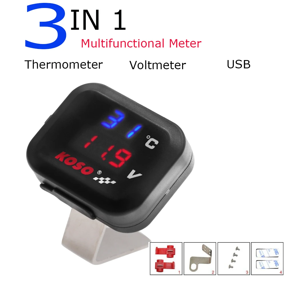 3 in 1 Koso Motorcycle Temperature Gauge LED Voltmeter with USB Port for Moto Thermometer | Автомобили и мотоциклы