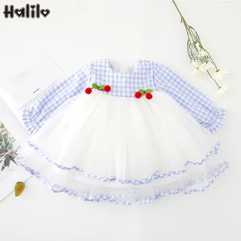 

Halilo Princess Christmas Kids Dresses For Girls Plaid Mesh Cherry Baby Girl Clothes Infant Toddler Girl Fall Dresses 2019