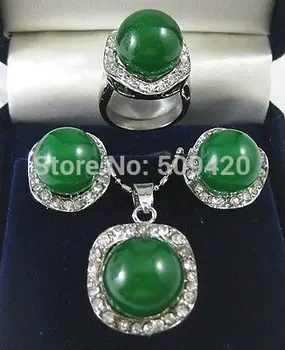

Wholesale jewe203>> new White Inlay Crystal GREEN JADE Gems Necklace Earring Ring