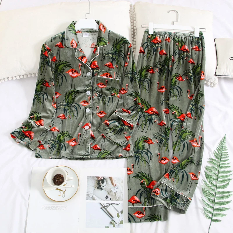 green set Fiklyc нижнее белье зимние женские бархатные пижамы с цветочным принтом пижамные комплекты pyjama famille красивые nachtkleding hiver chaud pijamas наборы - Цвет: green set