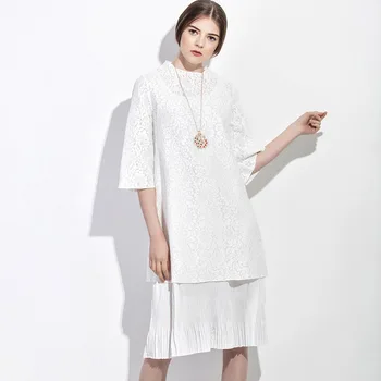 

White Black Solid Color Two Pieces Set Embroidery Lace Evening Dress Elegant O Neck Half Sleeves Formal Dress Vestidos Longos