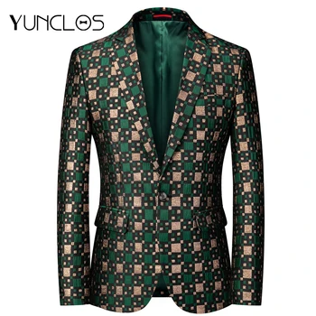

Yunclos Men Embroidery Plaid Blazer Party Prom Coat Masculine Male Suit Jacket Asian Size Casual Jacket Men Wedding Suit Blazer