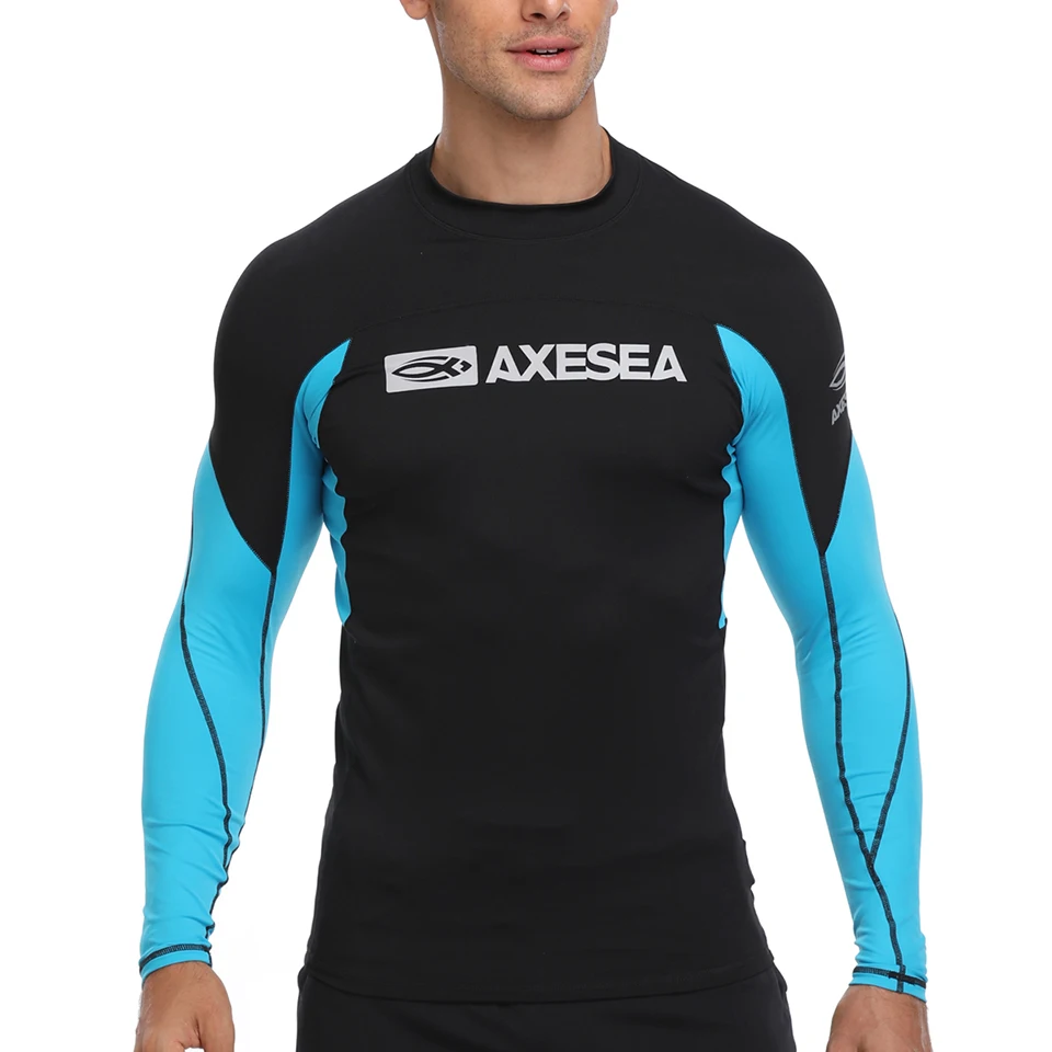 AXESEA Men Rash Guard Patchwork Swimwear Long Sleeve Rashguard Sun Protection Swimsuit Surfing Shirt Top UPF50+ Sport Beachwear