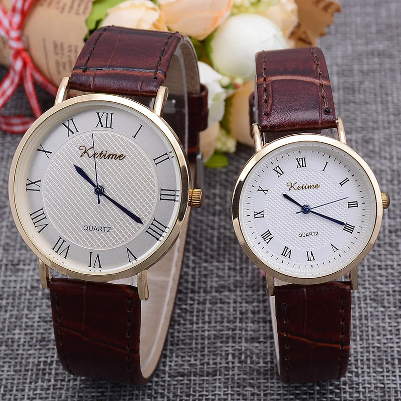 2019 New 2pcs Fashion Couple Watches High Gloss Glass Leather Belt Watch Couple Set Watches 1